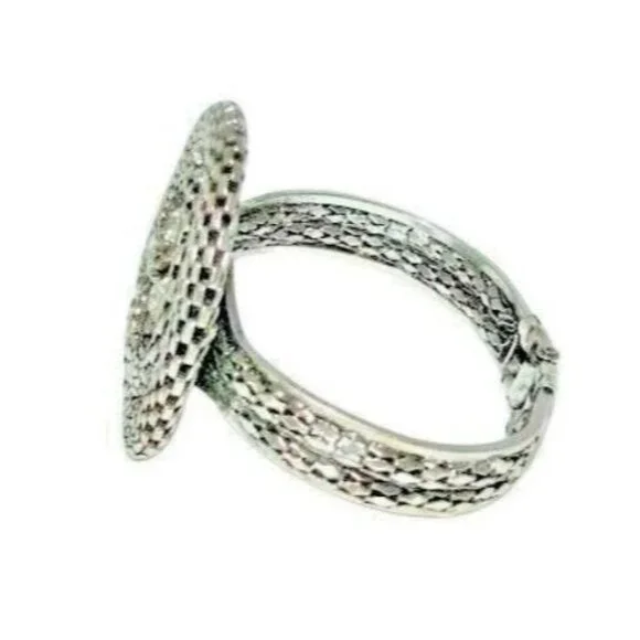 Silver Snake Chain Rhinestone Hematite Hinged Swirl Glam Bling Mesh Bracelet - Picture 2 of 4